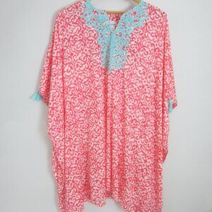 Tommy Bahama Womens One Size Pink White Aqua Blue Cotton Cover Up Tassles O/S